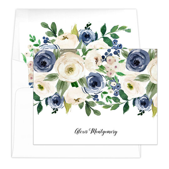 Blue and Ivory Rose Folded Note Cards